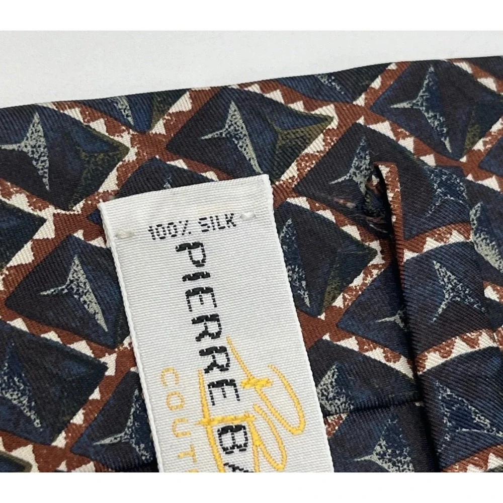 PIERRE BALMAIN Couture Tie‎ Mens OS Navy Blue Brown Geometric Silk Made in Italy